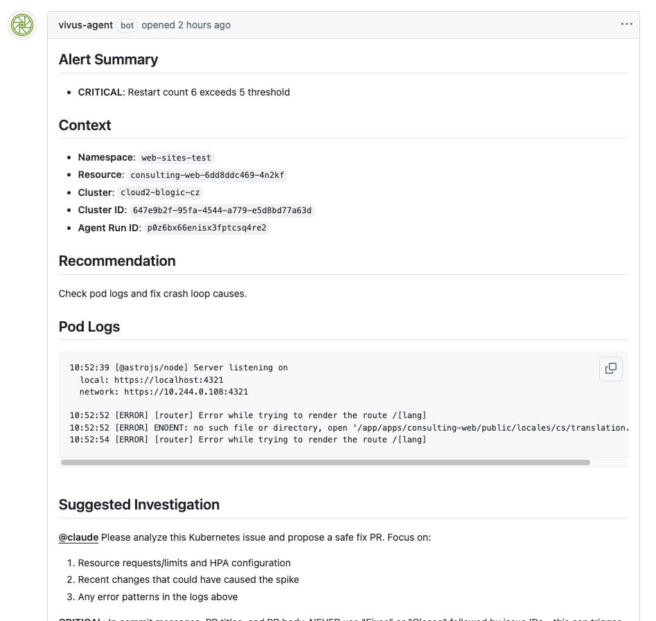 Real GitHub issue created by vivus — showing alert summary, pod logs, context, and @claude mention for AI analysis
